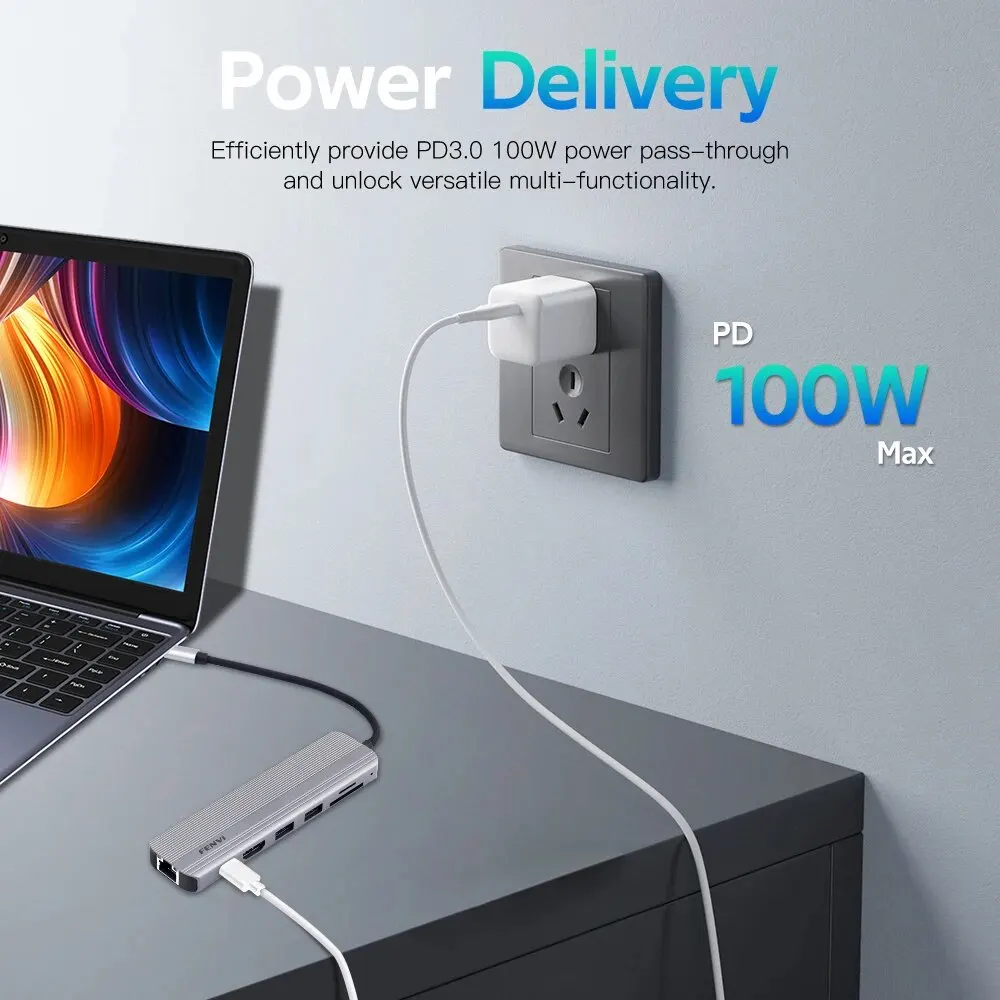FENVI 도킹 스테이션 C타입 허브 스플리터 컨버터, HDMI 4K 60Hz USB 3.0, RJ45 PD 100W 고속 충전 SD TF USB C 독, 7 in 1