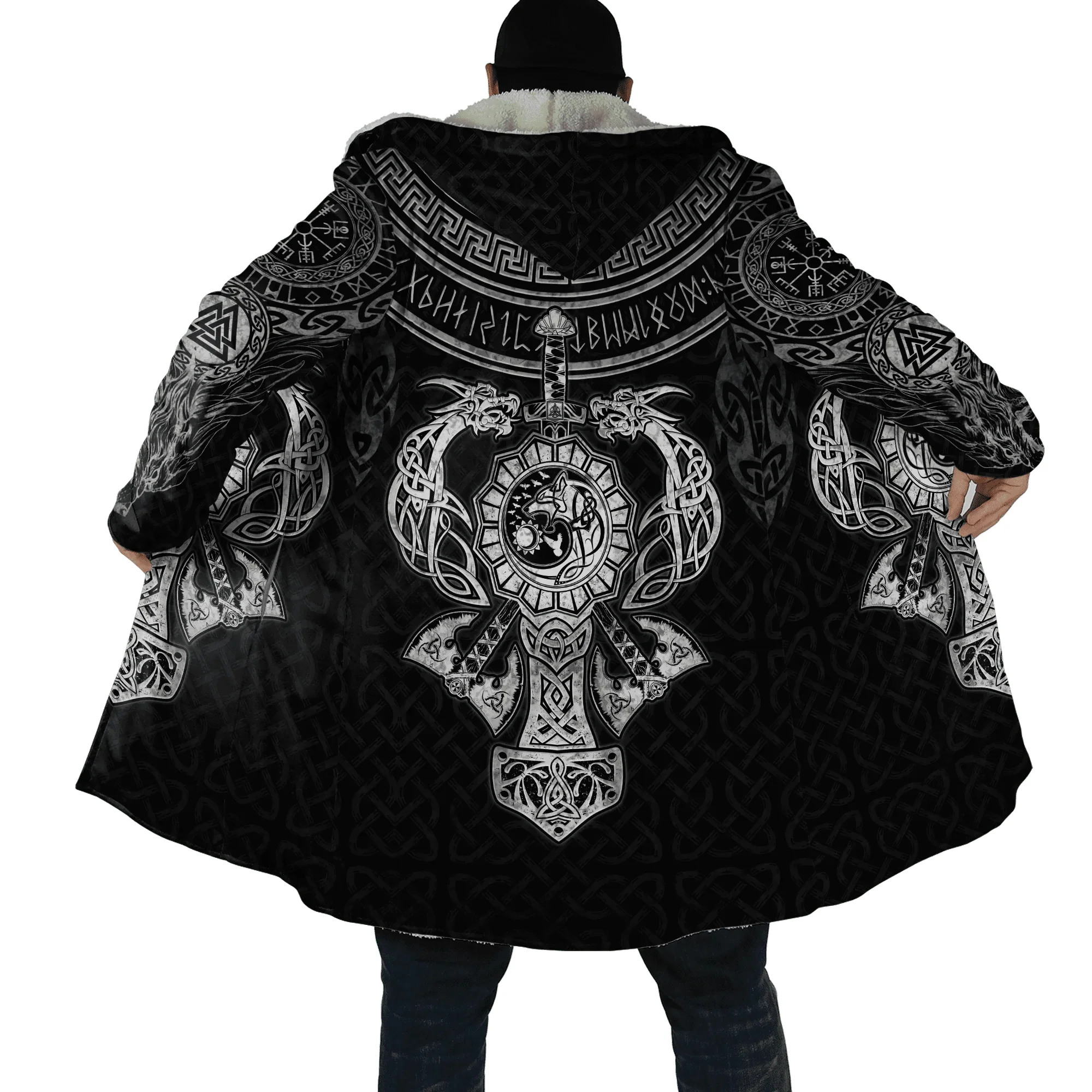 Herren-Umhang Fenrir Wolf Tattoo Vegvisir Rune Tribal 3D-gedruckter Fleece-Kapuzenumhang Unisex Lässiger dicker warmer Cape-Mantel PF81 – Detail 22