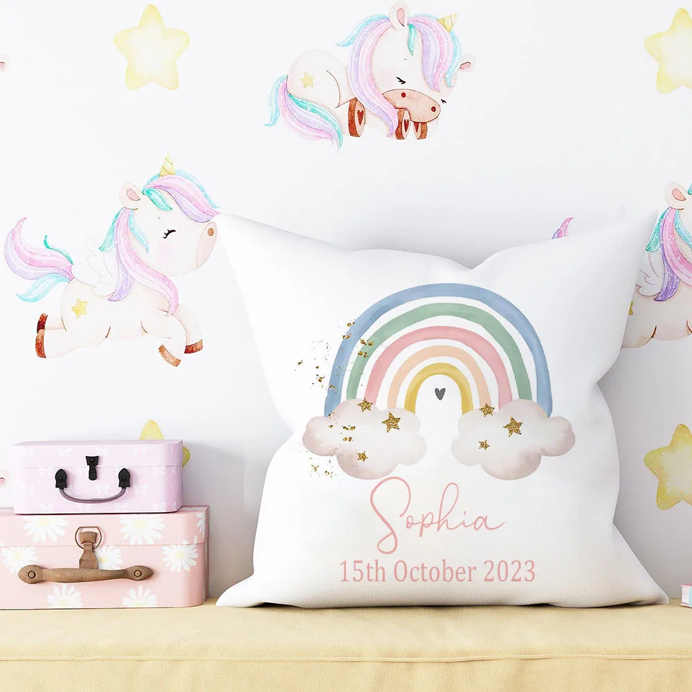

Personalised Rainbow Baby Cushion Nursery Decor Custom Infant Pillow Cases Boys Girls Rainbow Cushion Gifts Nursery Decor