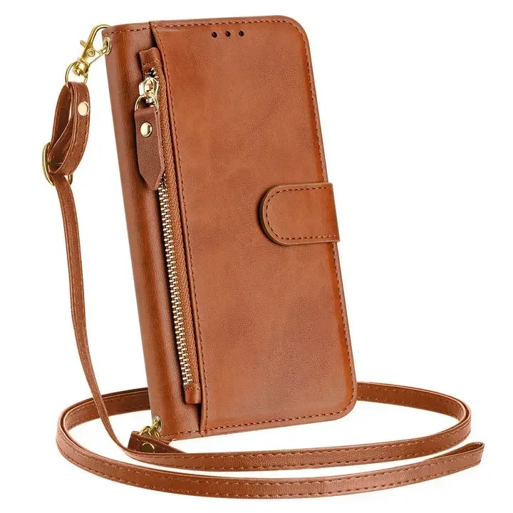 Enhanced Faux Leather Crossbody Zipper Wallet Case with Flip Book Cover