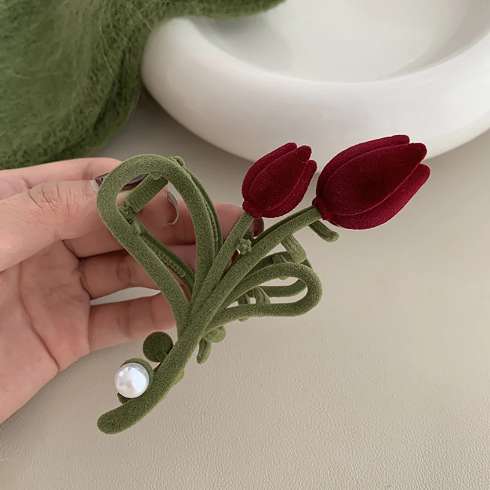 Retro Velvet Borgogna Tulip Pearl Hair Clips per le donne Moda Grande Granchio Fermaglio per Capelli Accessori per Capelli Copricapo_voghion.com