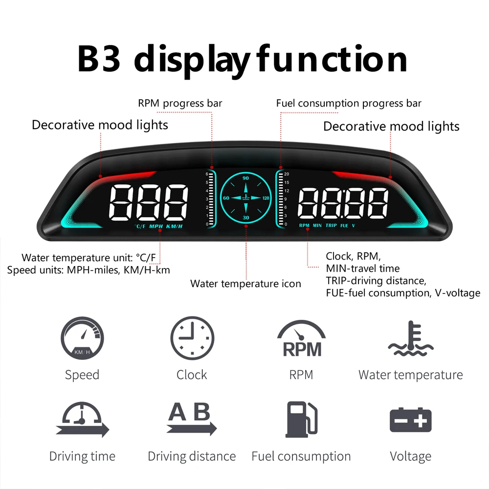 멀티 OBD 미터 B3 헤드업 디스플레이 속도 RPM 수온 연료 소비 시간 과속 전압 알람 운전 알림 기능 포함