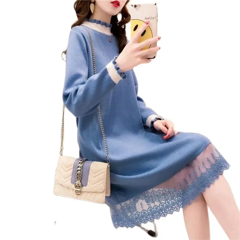 

2024 New Elegant Plush Thick Half Turtleneck Sweater Dress For Women's Clothes Knitwear Autumn Winter Warm Knitted Dress BC408