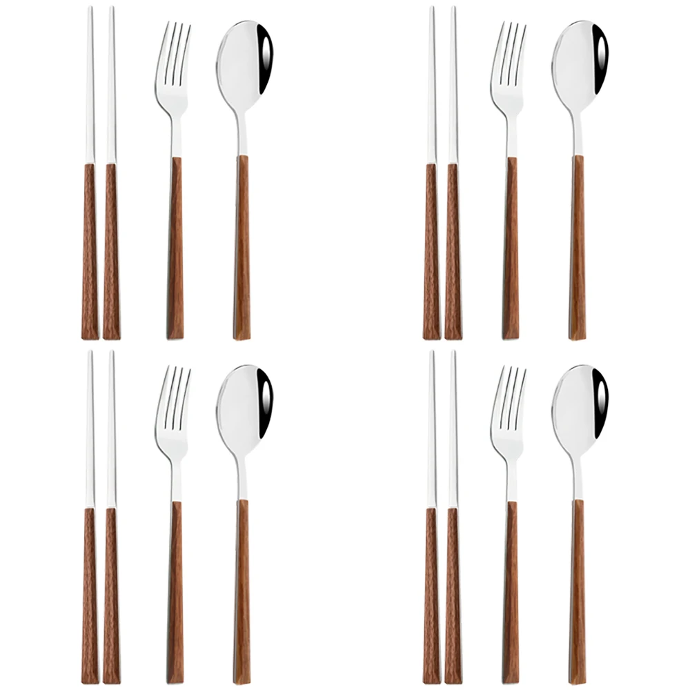 

12/16Pcs Brown Silver Dinnerware Set Imitation Wooden Handle Cutlery Set Korean Chopsticks Knife Fork Spoon Tableware Flatware