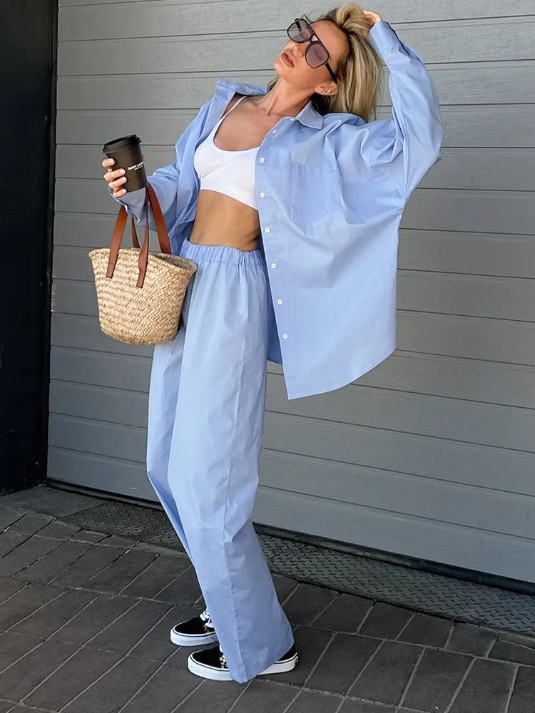 

Casual Solid Pants Sets Women Blue Lapel Single Breasted Shirt Wide Leg Pants Sets Ladies Long Sleeve Outfits Two Piece Set