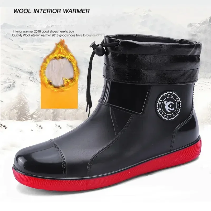 Winter Men Rain Shoes Windproof Cotton Boots Warm Fashion Slip on Fishing Shoes Waterproof Work Rubber Rain Boots