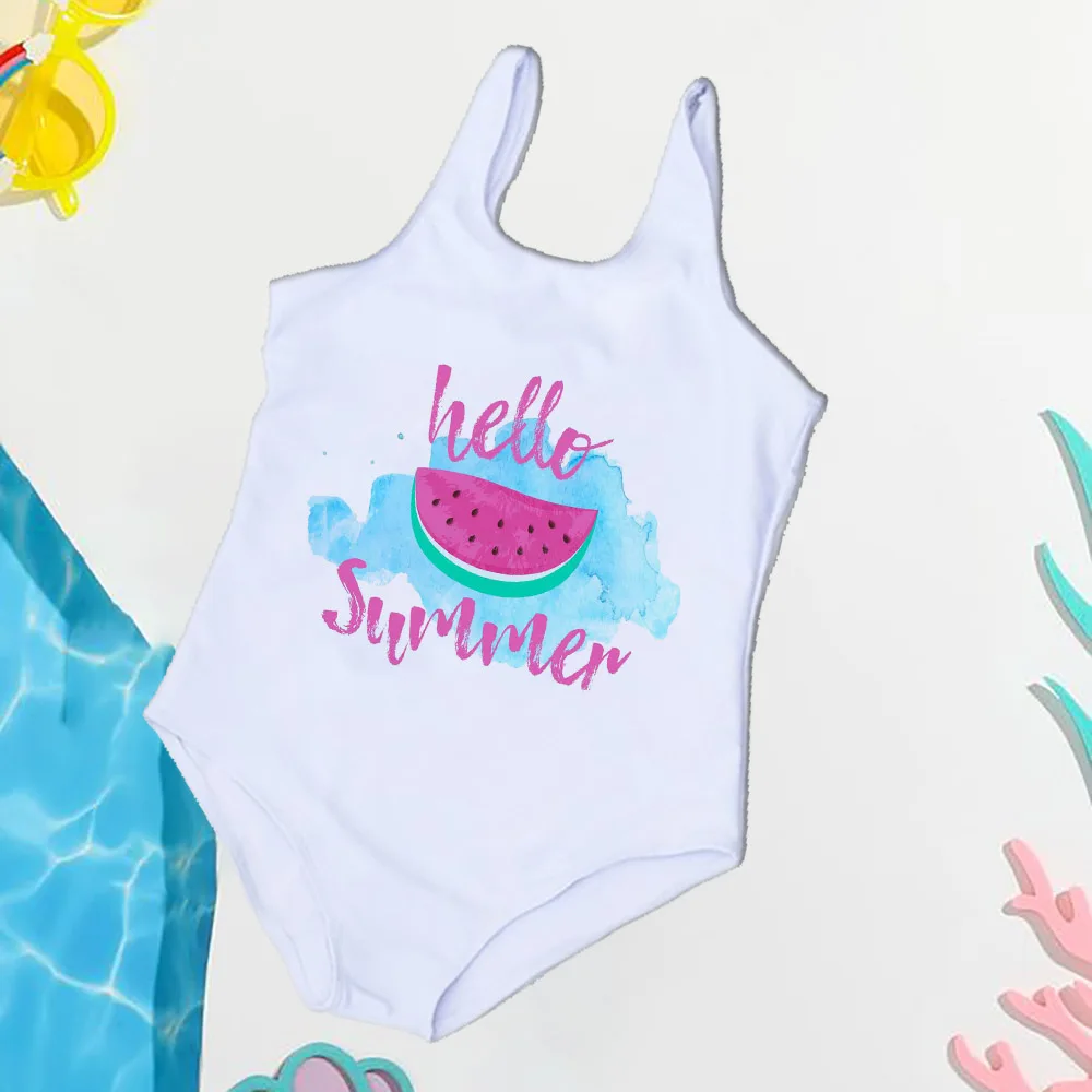 

Hello Summer Baby Girl One Piece Bathing Suit for 2-7year Summer Toddler Swimwear Cute Bikini Swimsuits Beach Party Clothes