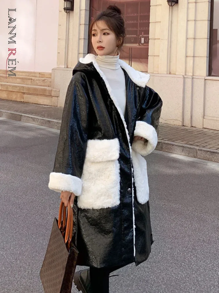 

LANMREM Winter Faux Fur Leather Long Coat Women Pockets Contrast Color Belt Gathered Waist Clothing Fashion 2023 New 2AA3606