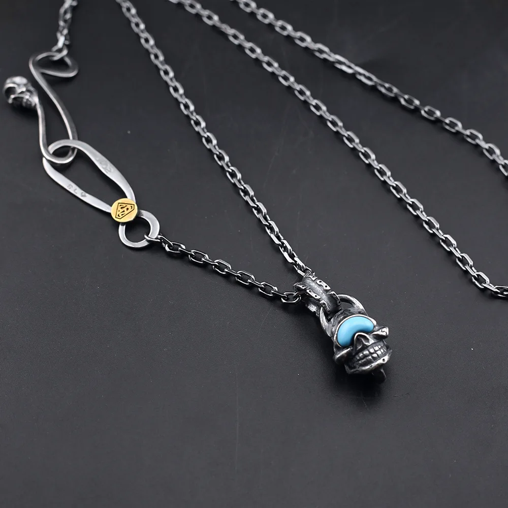 European and American vintage style skull head inlaid turquoise necklace for couples