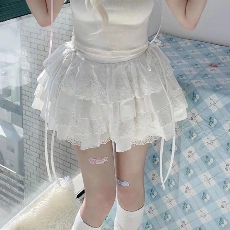 White Mini Skirts Women Lace Patchwork Sweet A-line High Street Bow Korean Fashion Y2k Skirt Harajuku All-match Streetwear Ins 2