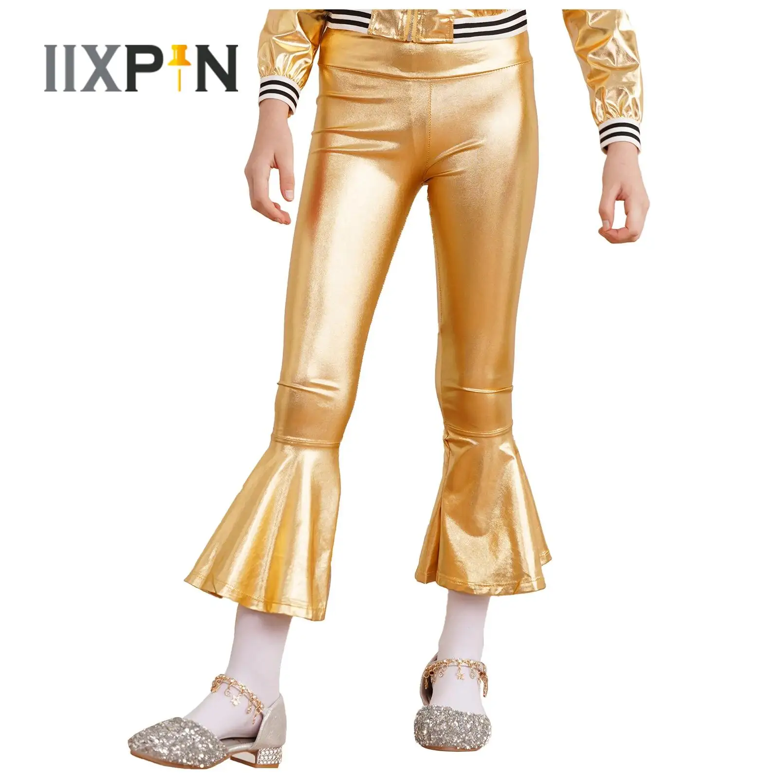 

Hot Sales Kids Girls Shiny Metallic Flared Long Pants Jazz Dance Disco Performance Trousers High Waist Ruffle Bell-bottom Pants