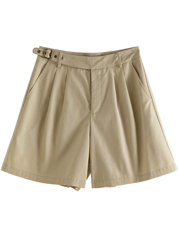 ZIQIAO Khaki Women Loose Commuter Cotton Shorts Office Lady Solid Twill Pleated Design Female Summer Shorts 100% Cotton Bottoms