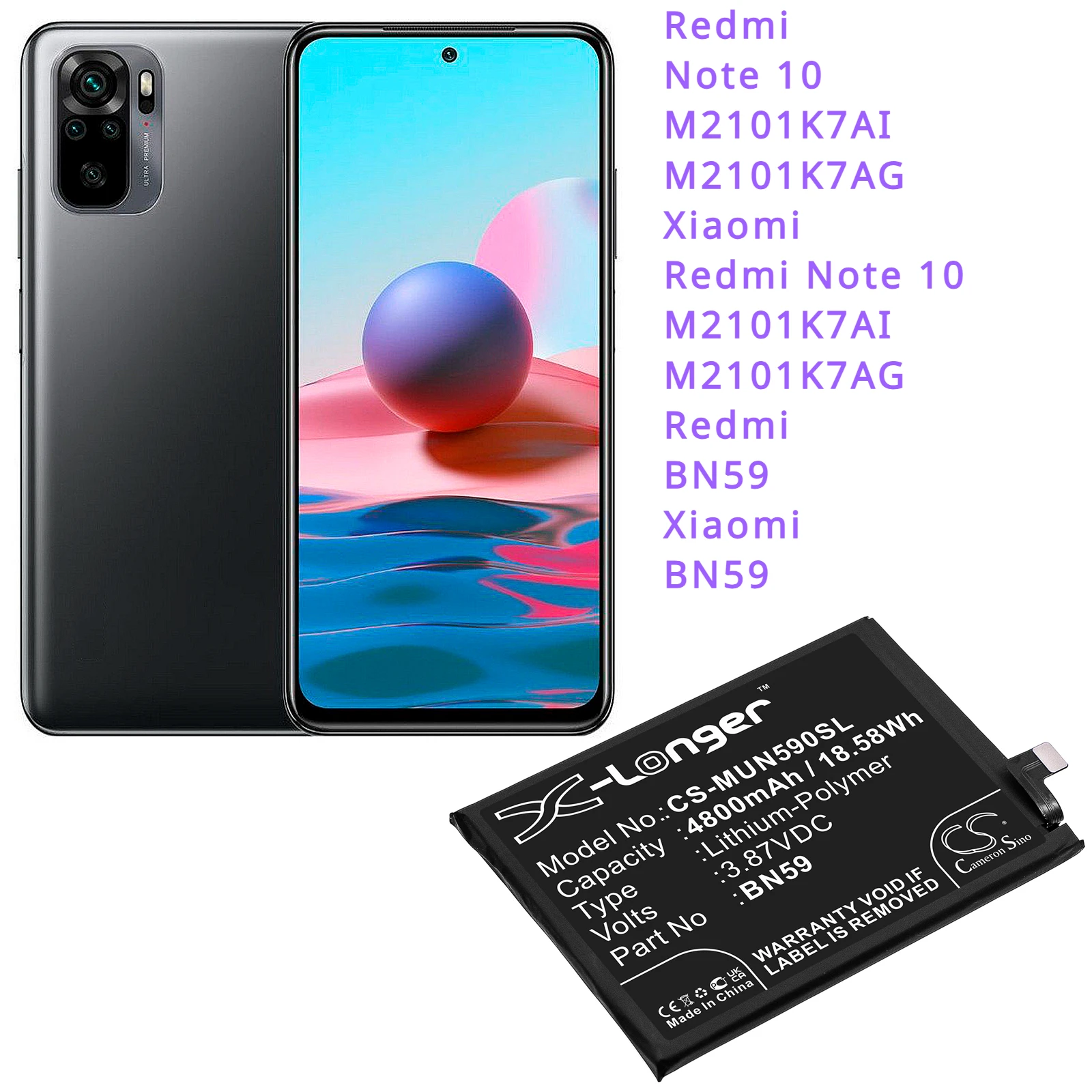 

Cameron Sino 4800mAh replacement Mobile, SmartPhone Battery BN59 for Xiaomi Redmi Note 10, M2101K7AI, M2101K7AG + Tools and Gift