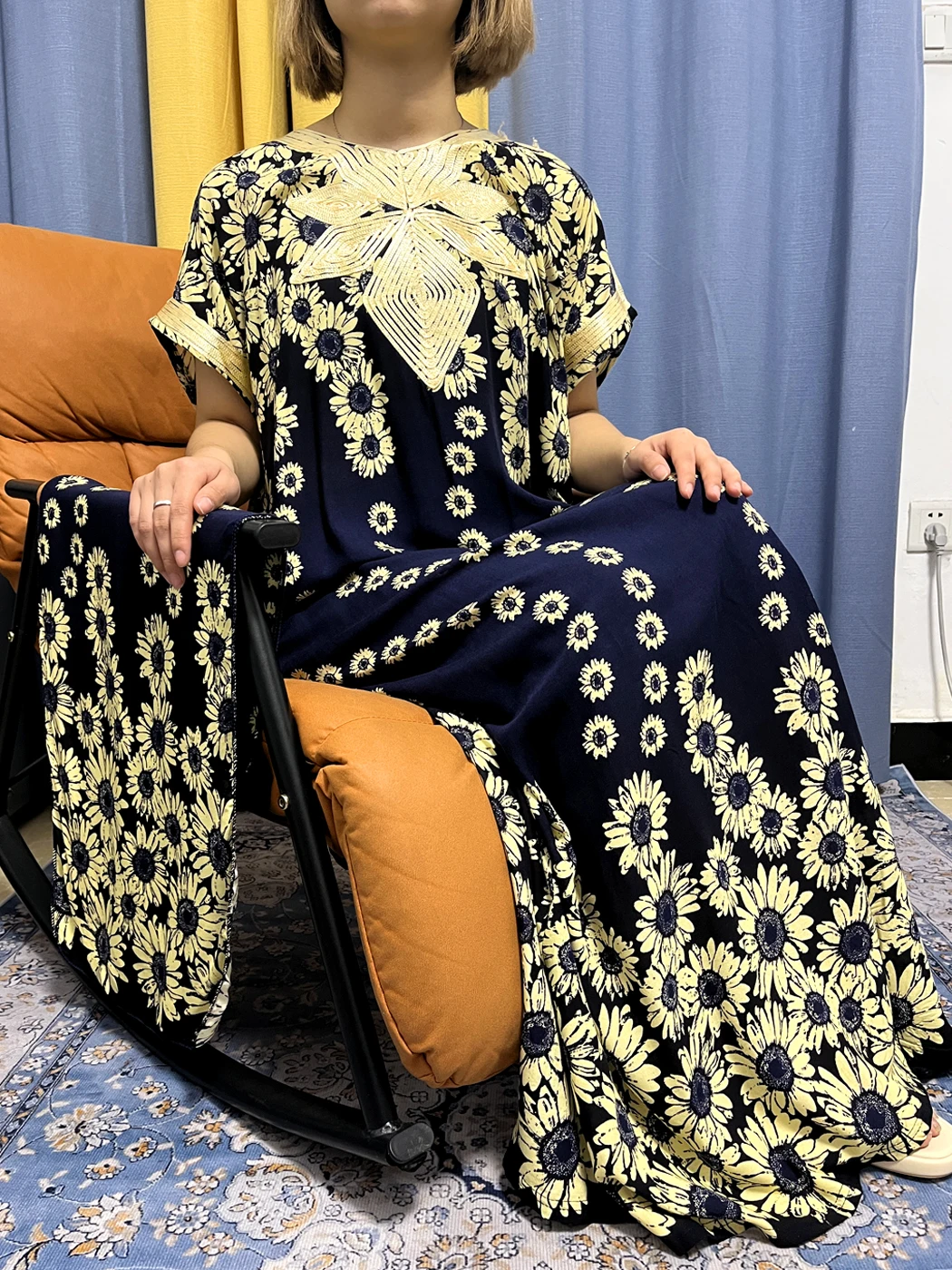 

Abayas For Women Printed Little Flower Cotton O-neck Muslim Fashion Dresses Islam Turkey Traditional Femme Robe With Headscarf