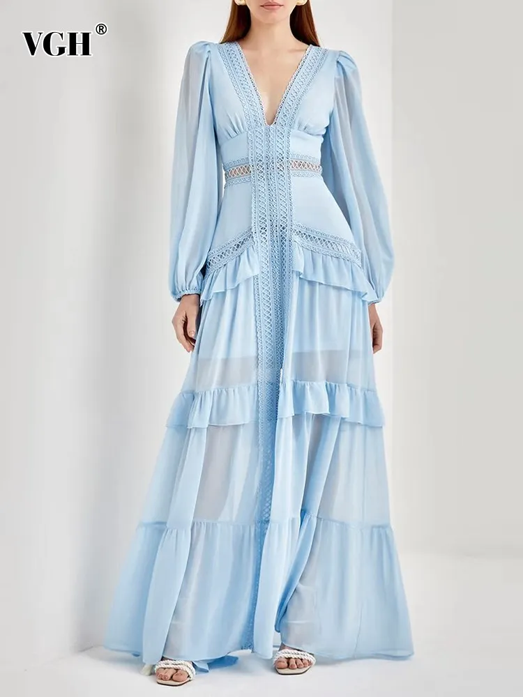 

VGH Solid Cut Out Dresses For Women Deep V Neck Long Sleeve High Waist Patchwork Ruffles Sheer Split Thigh Elegant Dress Female