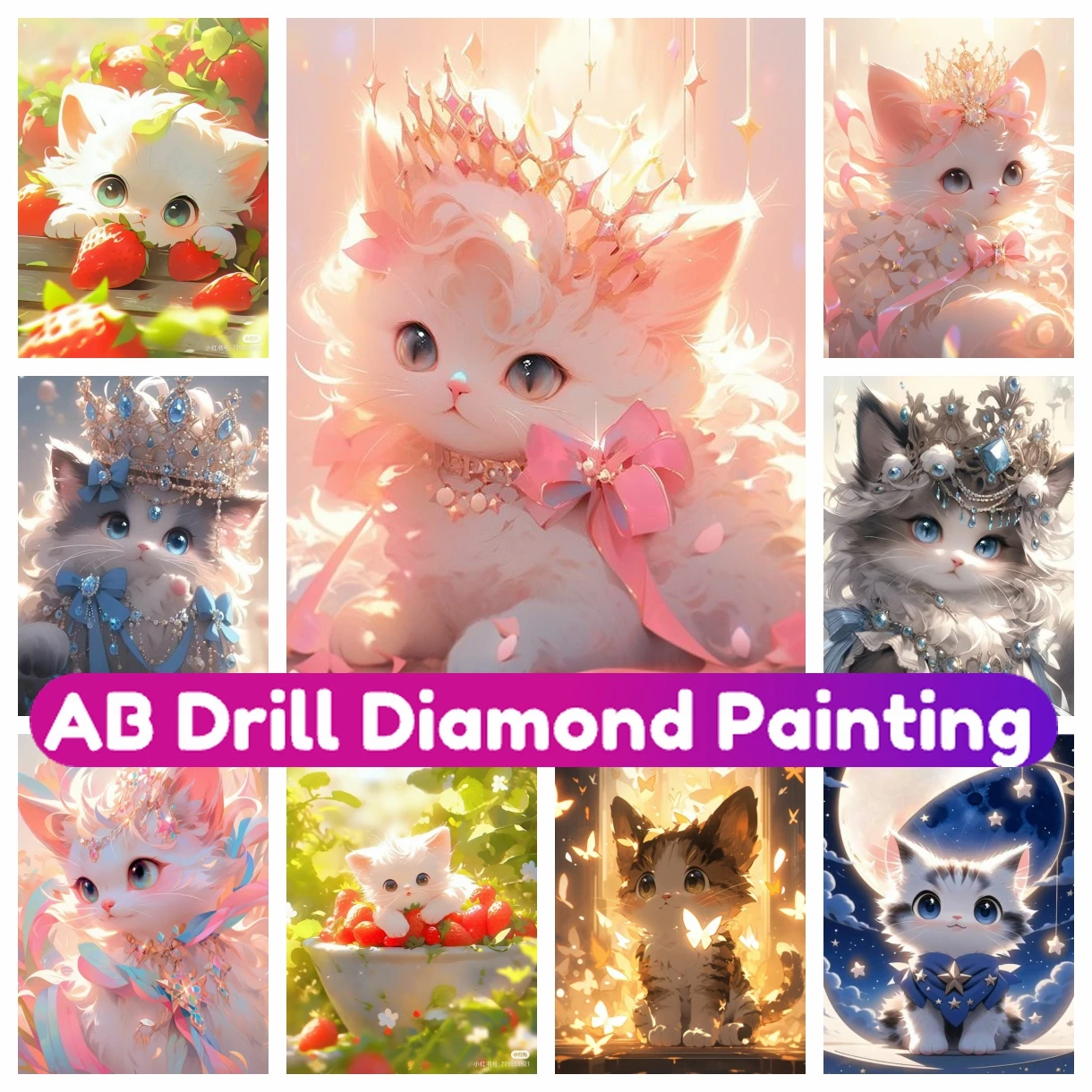 

Full Drill Square Round AB Diamond Painting Cute Kitty Pink Cat Cross Stitch Kit Mosaic Embroidery 5D DIY Home Decor Kid Gift