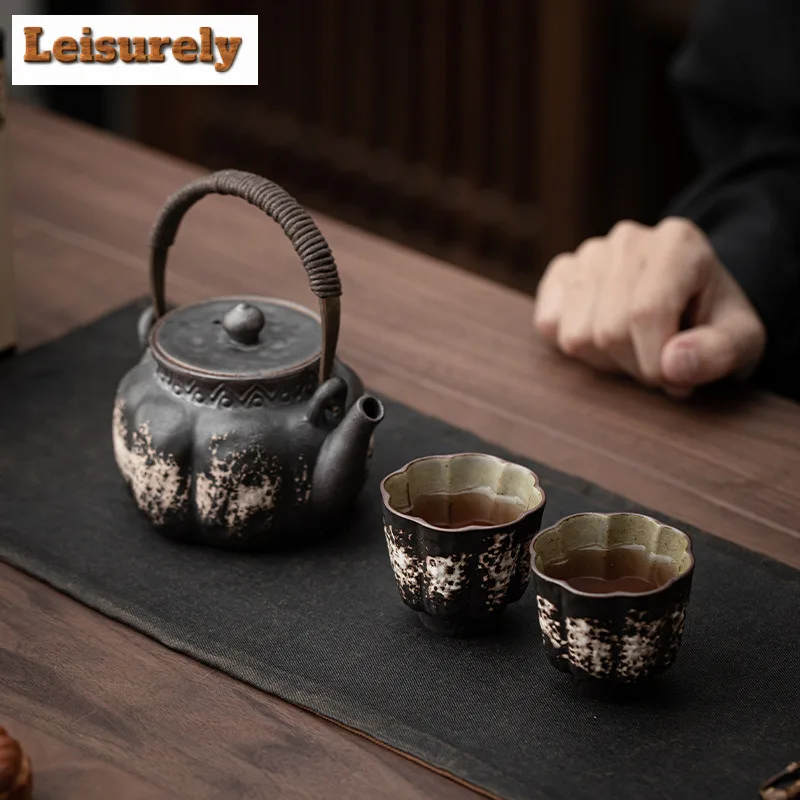 Wabi Sabi Style Black Pottery Lifting Handle Tea Set Complete Set Retro Tea Ceremony Set Teapot And Tea Cup Set Teaware Ornament