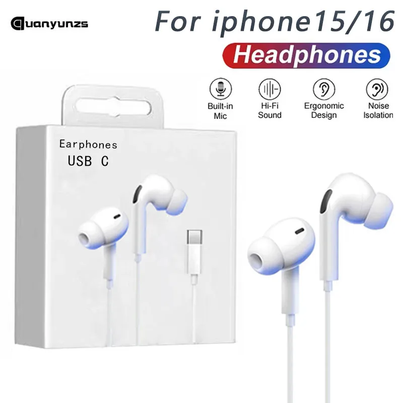 Original Wired Earphones For iPhone 16 15 14 13 12 11 Pro Max 7 8Plus X XR XS In-Ear Earbud For Lightning USB C 3.5mm Earbuds