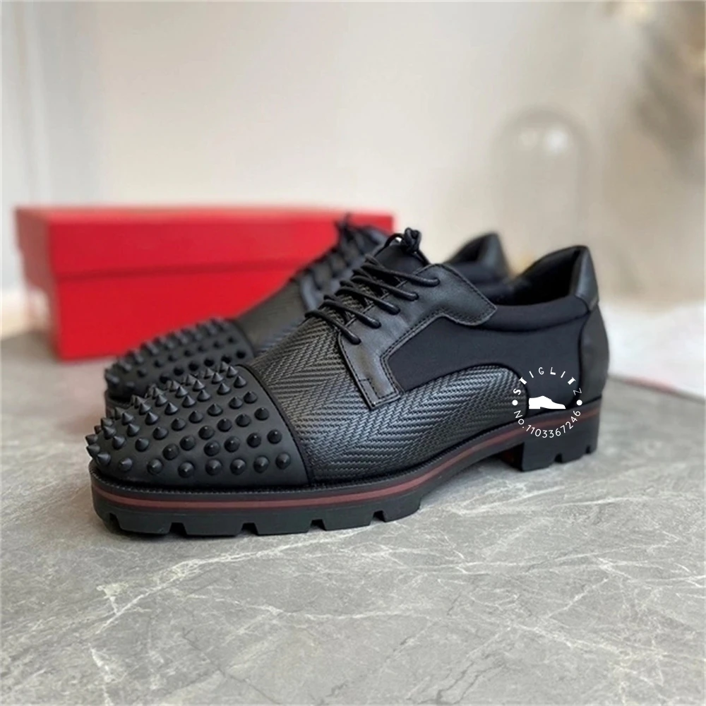 

Black Rivets Embellished Derby Shoes Black Leather Almond Toe Business Casual Shoes Luxurious Designer Style Dress Shoes for Men