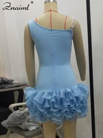 Znaiml Women Blue Stretchy Mini Dresses With Pearls Ruffles Trimmed Bottom Sexy Sheath Short Guest Birthday Party Wedding Gowns - Image 6