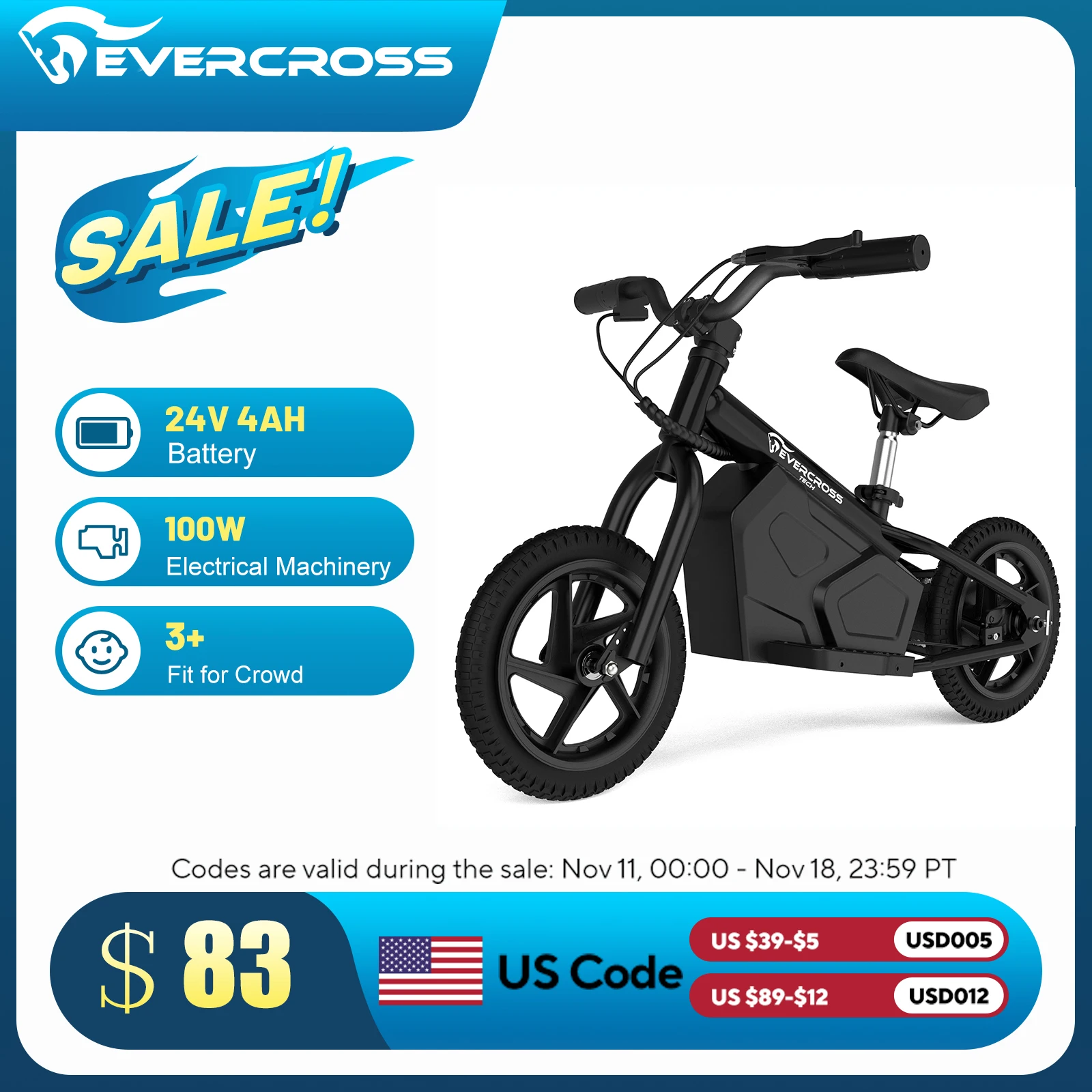 EVERCROSS Electric Balance Bike for Kids,100W Toddler Bike with12"Tires,24V4AH Electric Motorcycle,Gift for 3+Boys Girls,UL