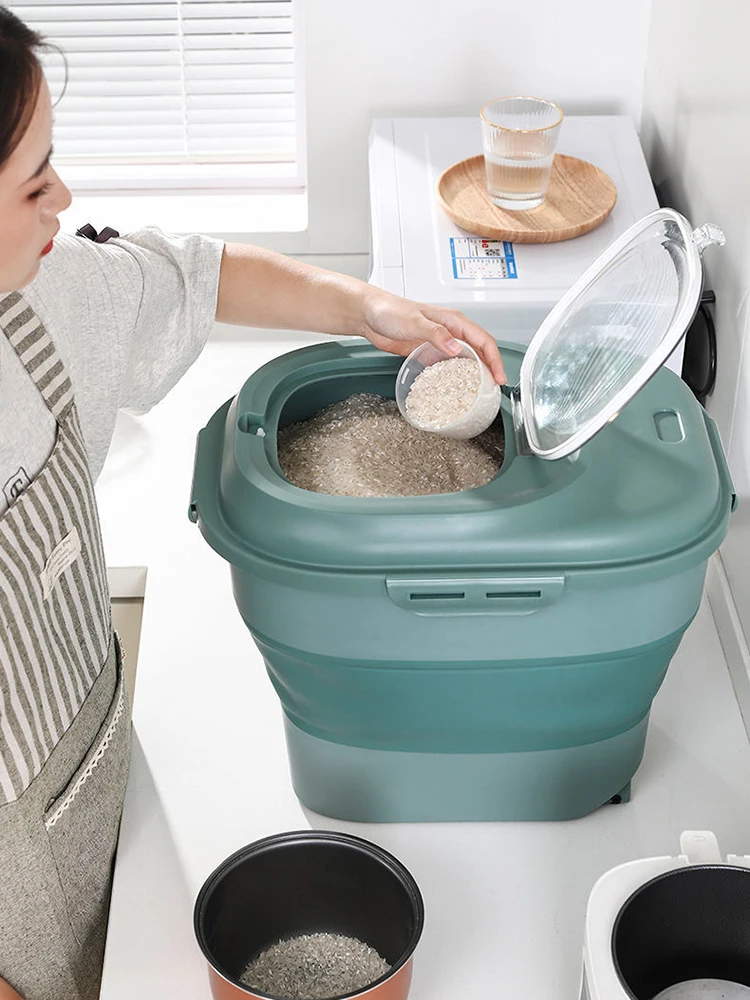 

25Kg Foldable Rice Storage Container Rice Bucket Cereal Dispenser Tank Pet Food Container Insect-Proof Kitchen Storage Organizer