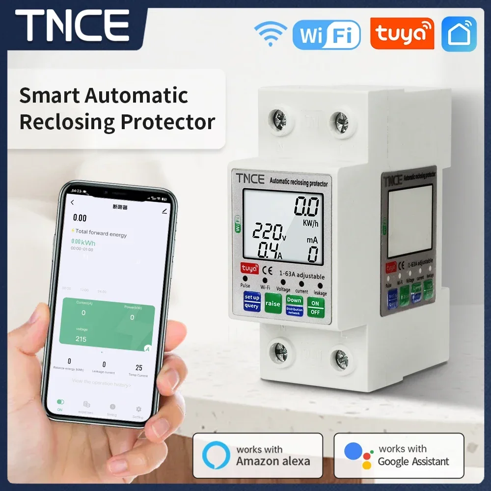 TNCE Smart Circuit Breaker TUYA WiFi, 2P 1 63A over under voltage current leakage protector switch power circuit relay breaker