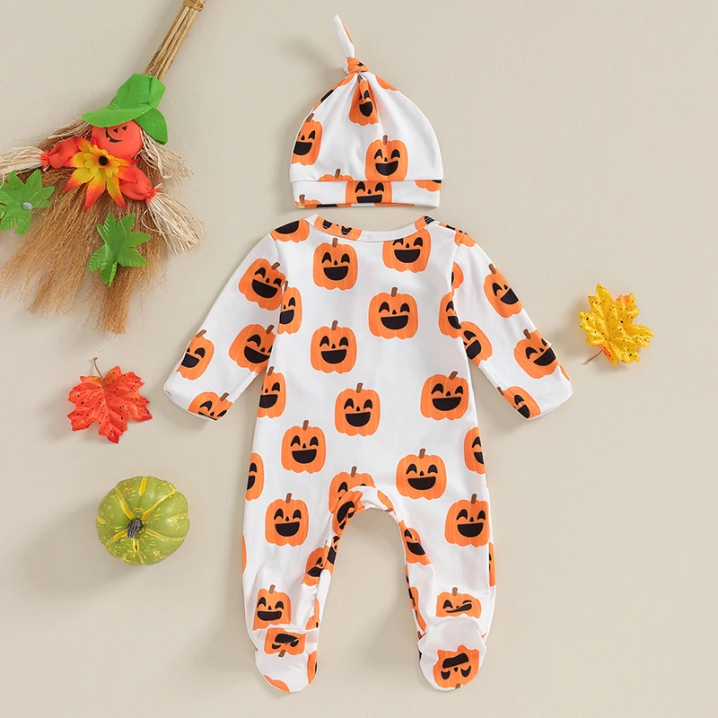 

Baby Girls Boys Footies Rompers Halloween Clothes Pumpkin Ghost Print Crew Neck Long Sleeve Toddler Fall Bodysuits with Hat