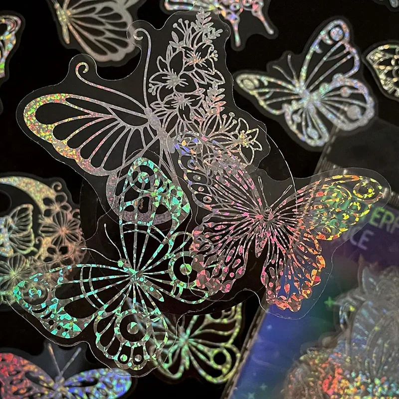 【】100Pcs Holographic Glitter Butterfly Stickers, Vintage Butterfly Waterproof Transparent Decorative Decals