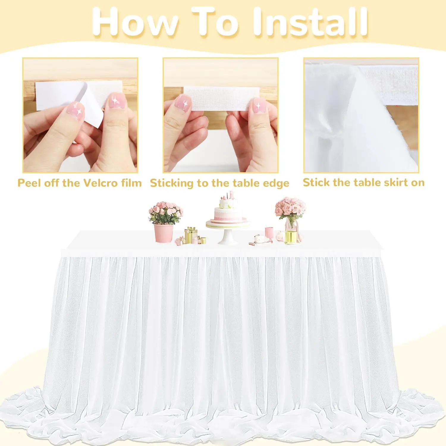 Chiffon Table Skirt White Table Skirts for Rectangle Tables Chiffon Sheer Ruffle TableCloth for Party Banquet Cake Decor