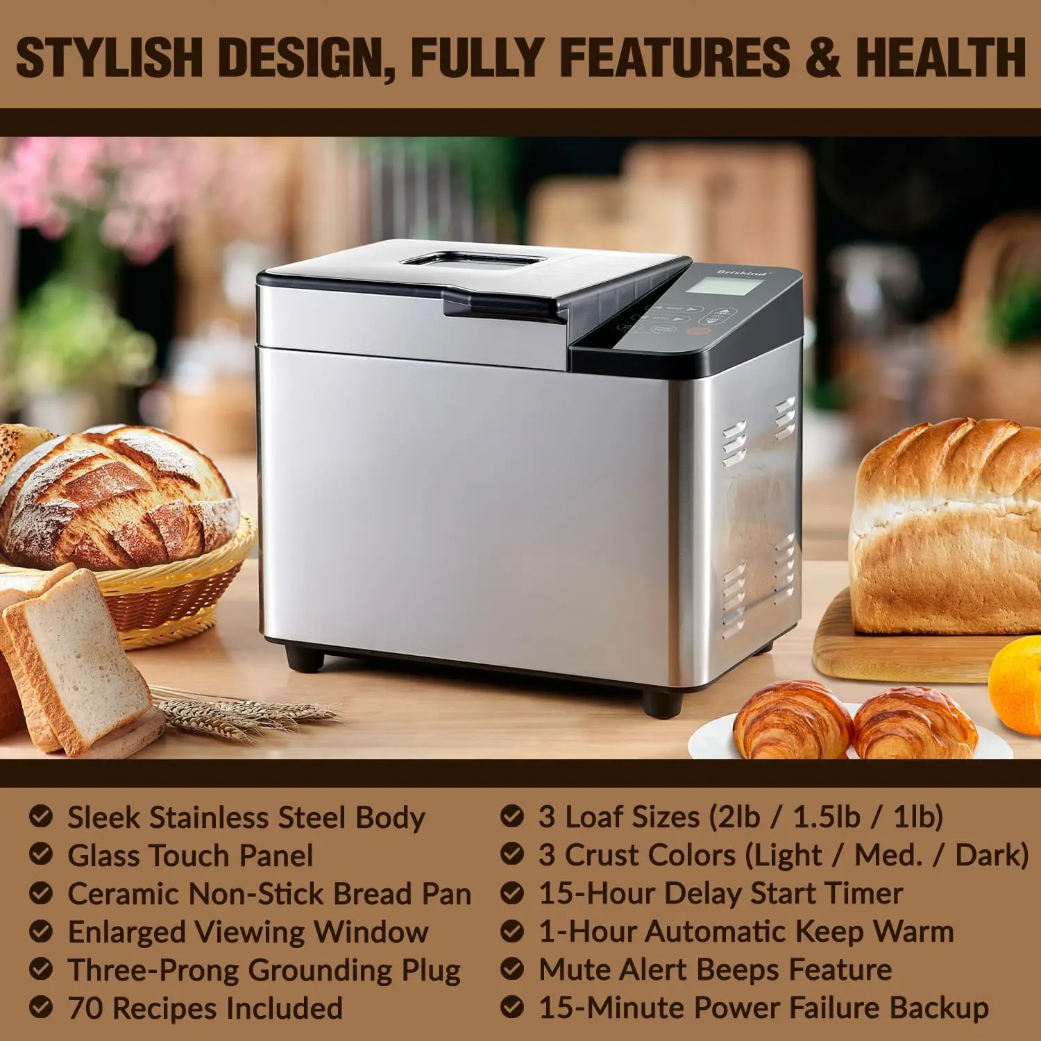 Bread Maker Machine with Ceramic Nonstick Pan, 19 Menus, 2 Pound Stainless Steel Breadmaker with Glass Touch Panel, Gluten Free, 3