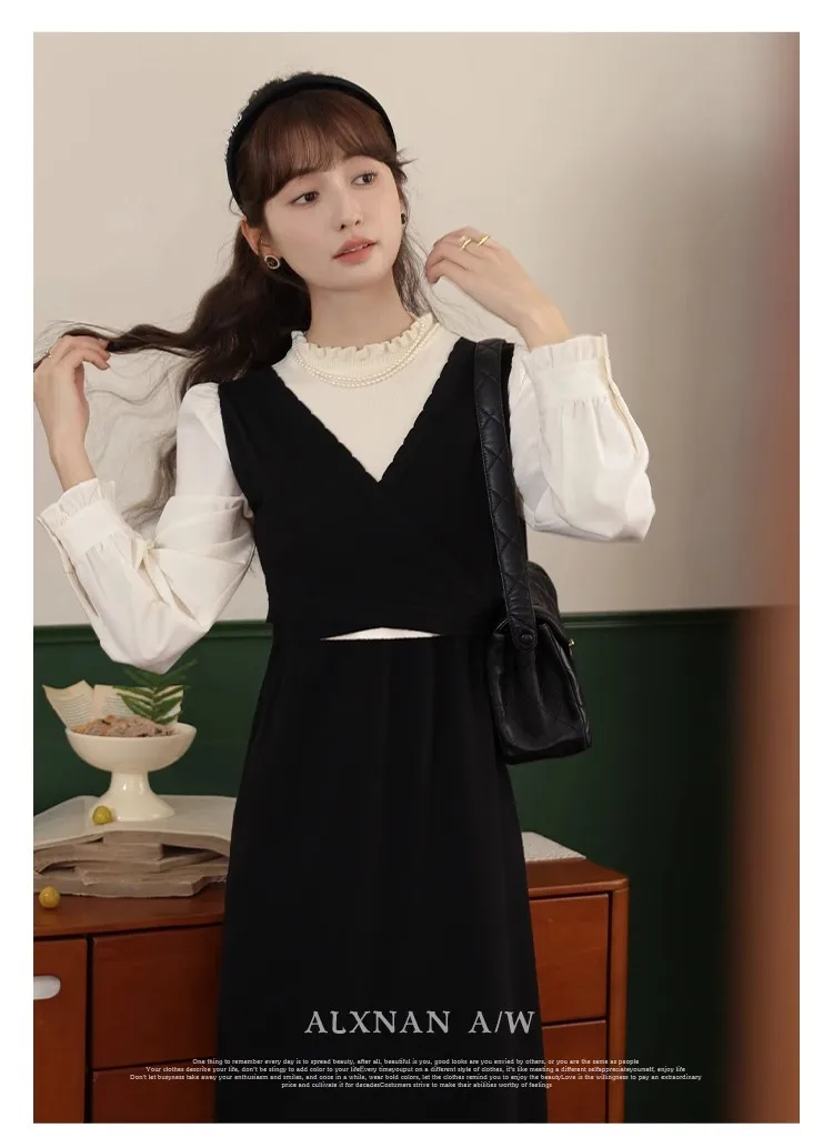 

Round Neck Color Matching A-line Mid Length Dress Fashionable Minimalist Commuting Skirt Gentle Wind Fake Two Piece Dress