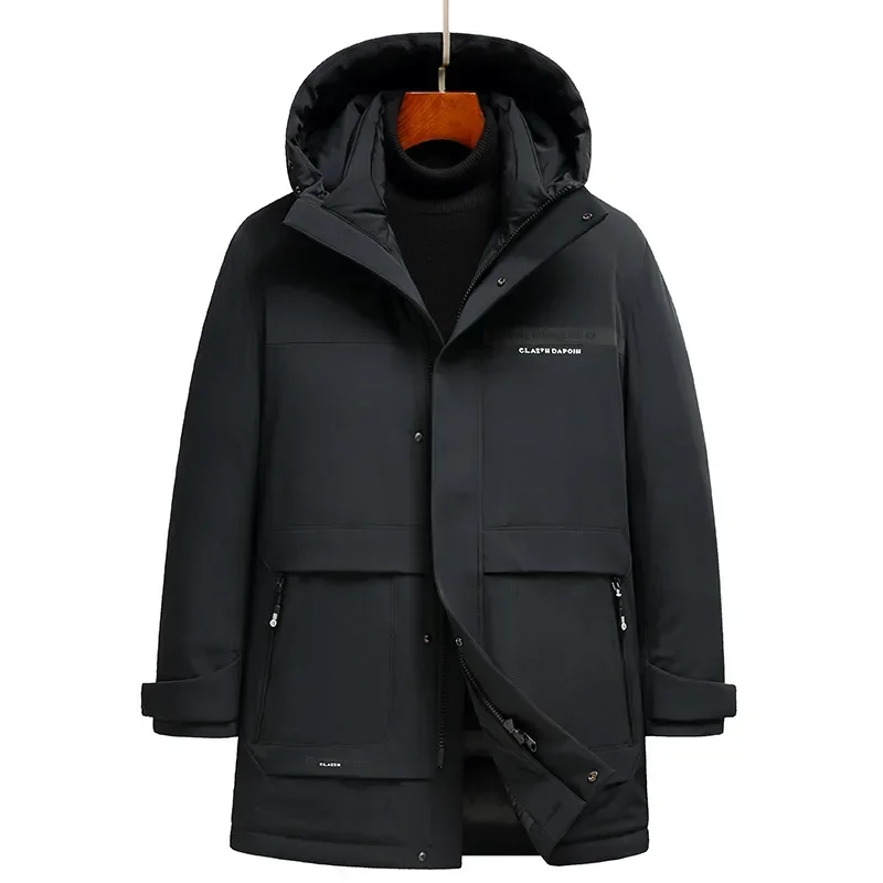 

Мужской зимний теплый и плотный однотонный пуховик средней длины с капюшоном, 2023