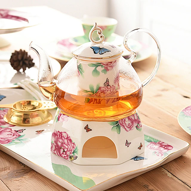Keramik Teekanne Mit Sieb Kerze Heizung Basis Set Vintage Porzellan  Britischen Griff Glas Nachmittag Tee Topf