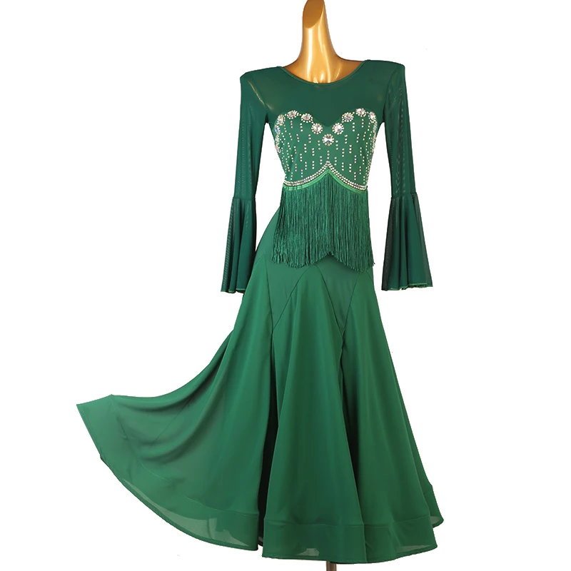 

2023 New Ballroom Dance Dress For Women Sexy Long Sleved Green Rhinestones Dress Waltz Tango Latin Modern Dance Dress DQL8124