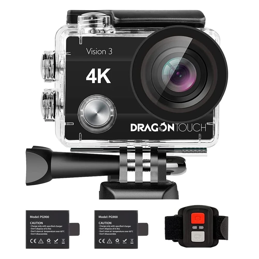 Dragon Touch 4K Action Camera 20MP Vision 3 Ultra HD Underwater 100FT Waterproof Action Camera 4X Zoom Sports Camcorder Camera