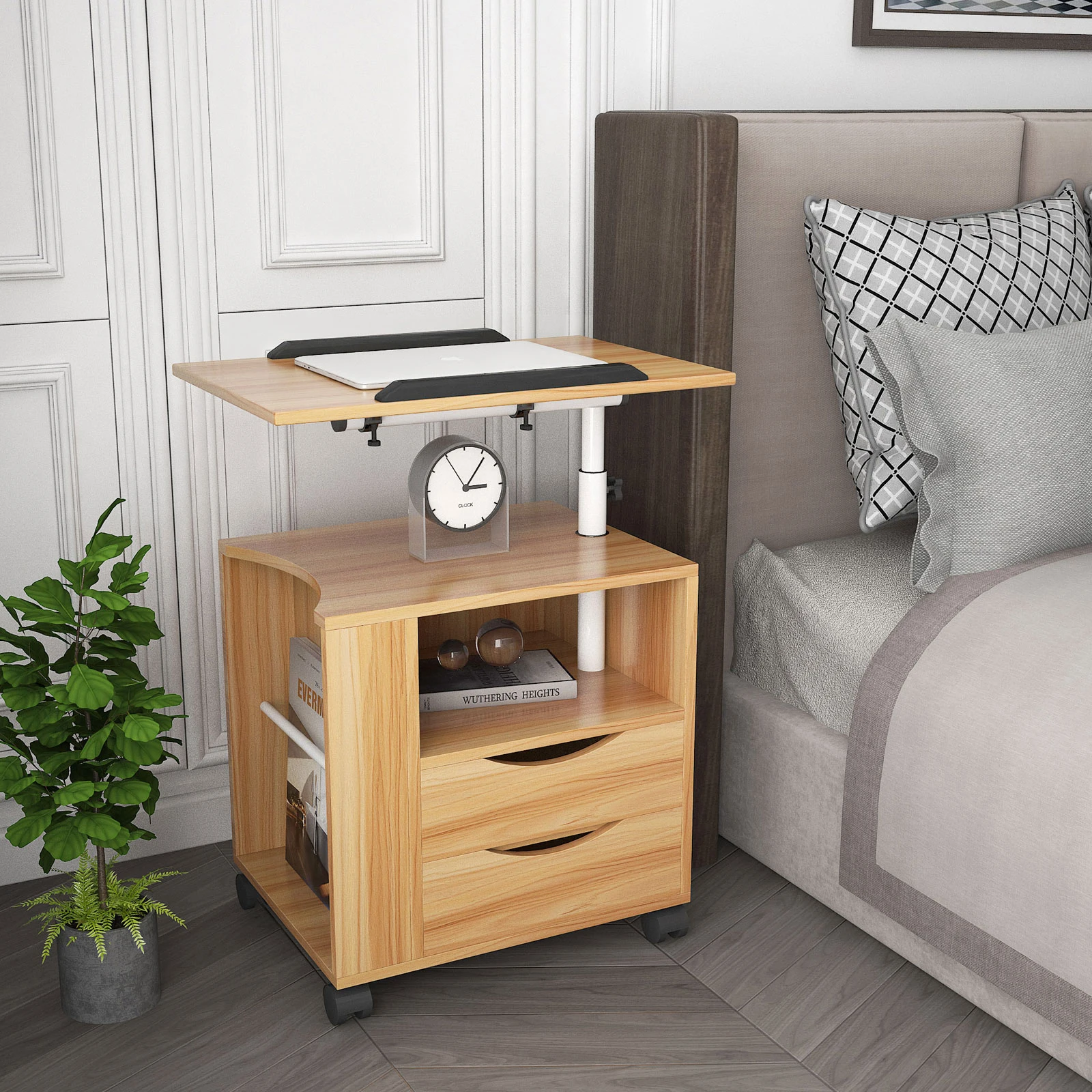 

Height Adjustable Overbed End Table Wooden Nightstand with Swivel Top, Storage Drawers, Wheels and Open Shelf, (White Maple)