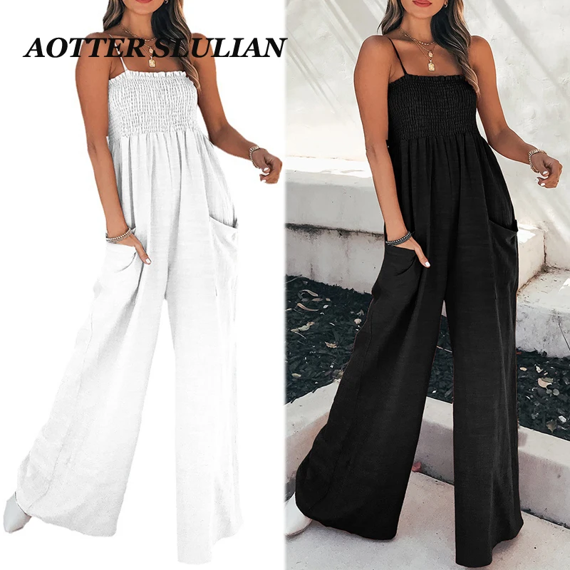 Summer Women's Solid Color Jumpsuit Casual Style Commuting High Waisted Pleated Drawstring Sleeveless Loose Trousers For Ladies tossy fashion hollow out rompers straight legg high waist sexy patchwork slim streetwear pleated summer ladies glitter jumpsuit