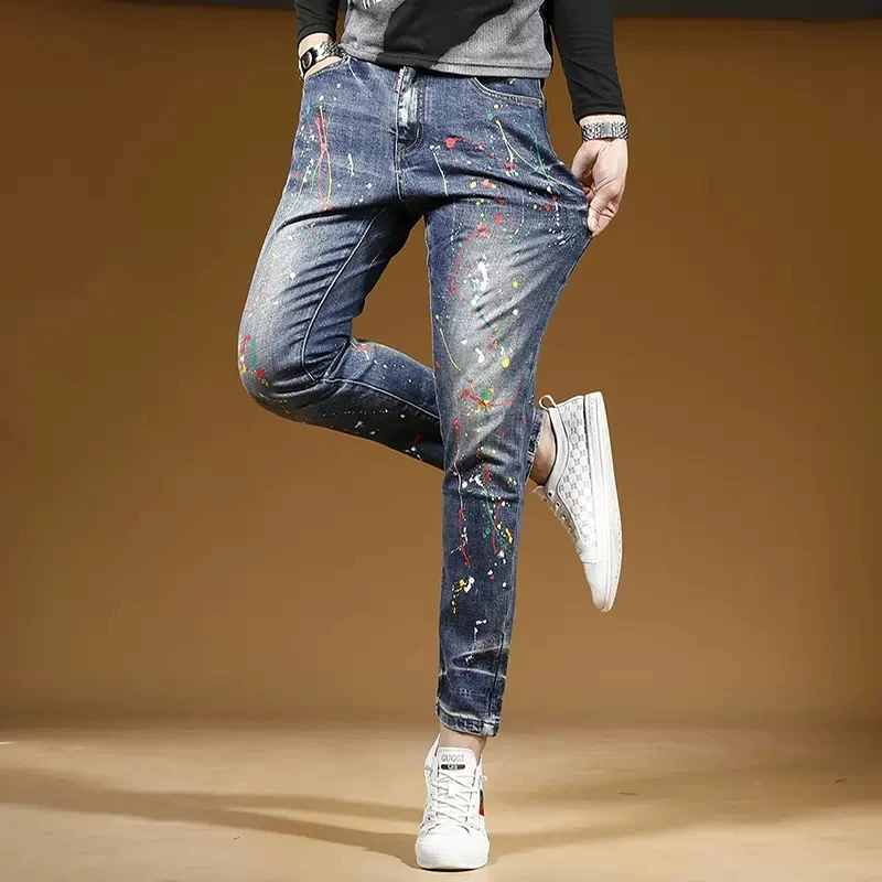 Streetwear Graffiti Printed Blue Jeans Men Casual Slim Fit Straight Pants Stretch Denim Trousers
