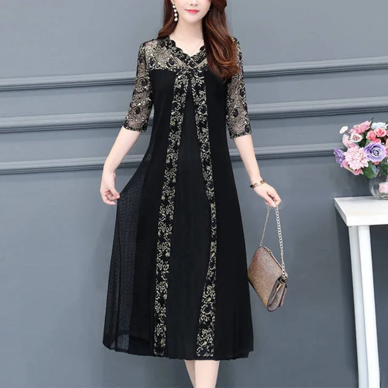 

Summer Elegant Lace Patchwork Black Mesh Dress Ladies Short Sleeve Oversized Perspective Sexy Robe Women Midi Vestidos CY445