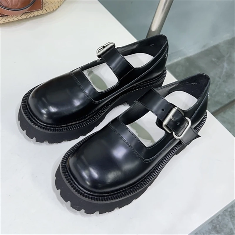 

Mary Janes Genuine Leather Thick Bottom Chunky Heels Women Loafers Brand Designer Buckle Strap Hollow Fashion Pumps Ladies Shoes
