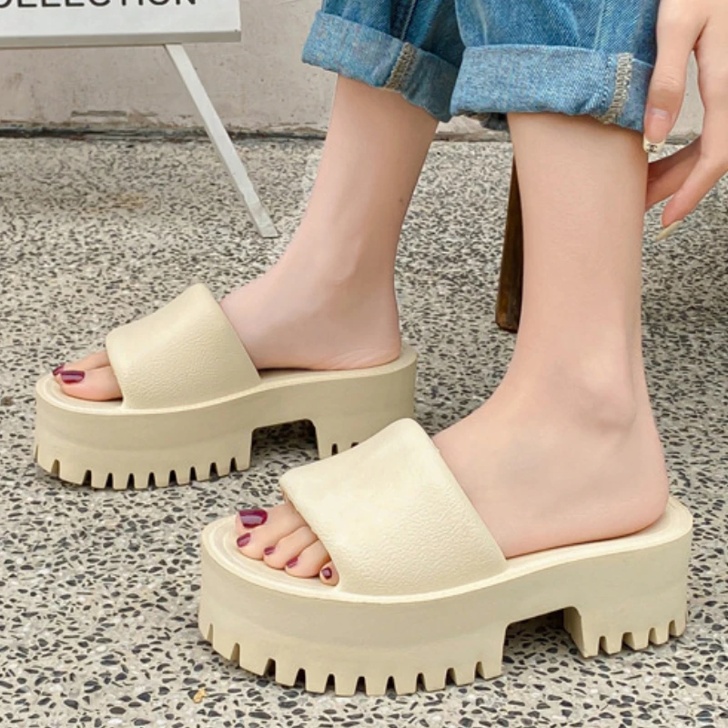 

PU Leather Platform Slippers Women Open Toe Thick Soled Sandals 2024 Summer Female Non-slip Slides Lady Comfortable Shoes Black