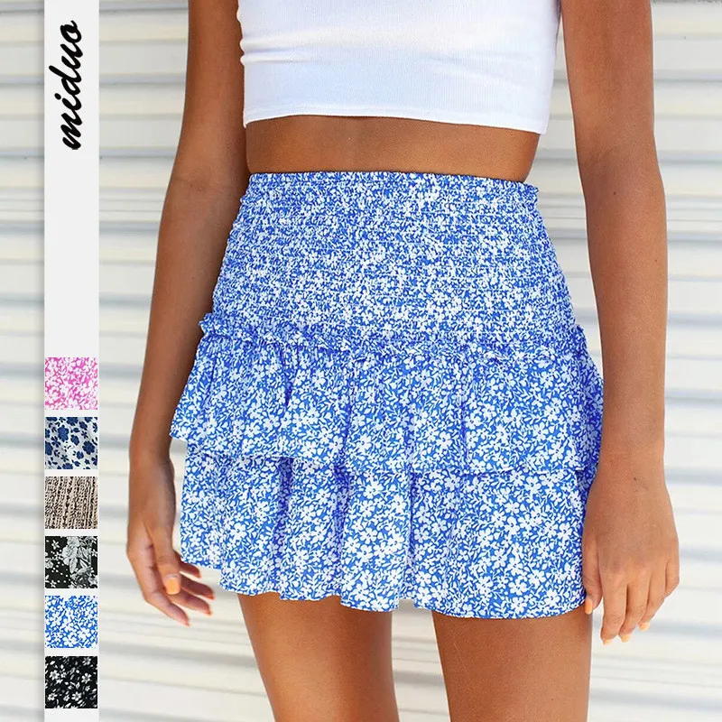 Women's Halter Pleated Skirt Ruffle Printed Skirt Fashion Floral Bohemian Short Skirt
