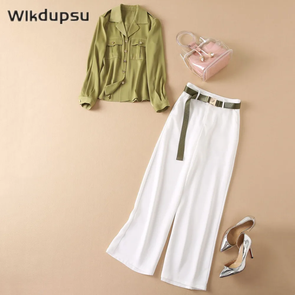 

Women Luxury Blouse Shirt Two Piece Set High Waist Wide Leg Pants Suit Casual Elegant Female Long Sleeve Top Outfit Matching Set