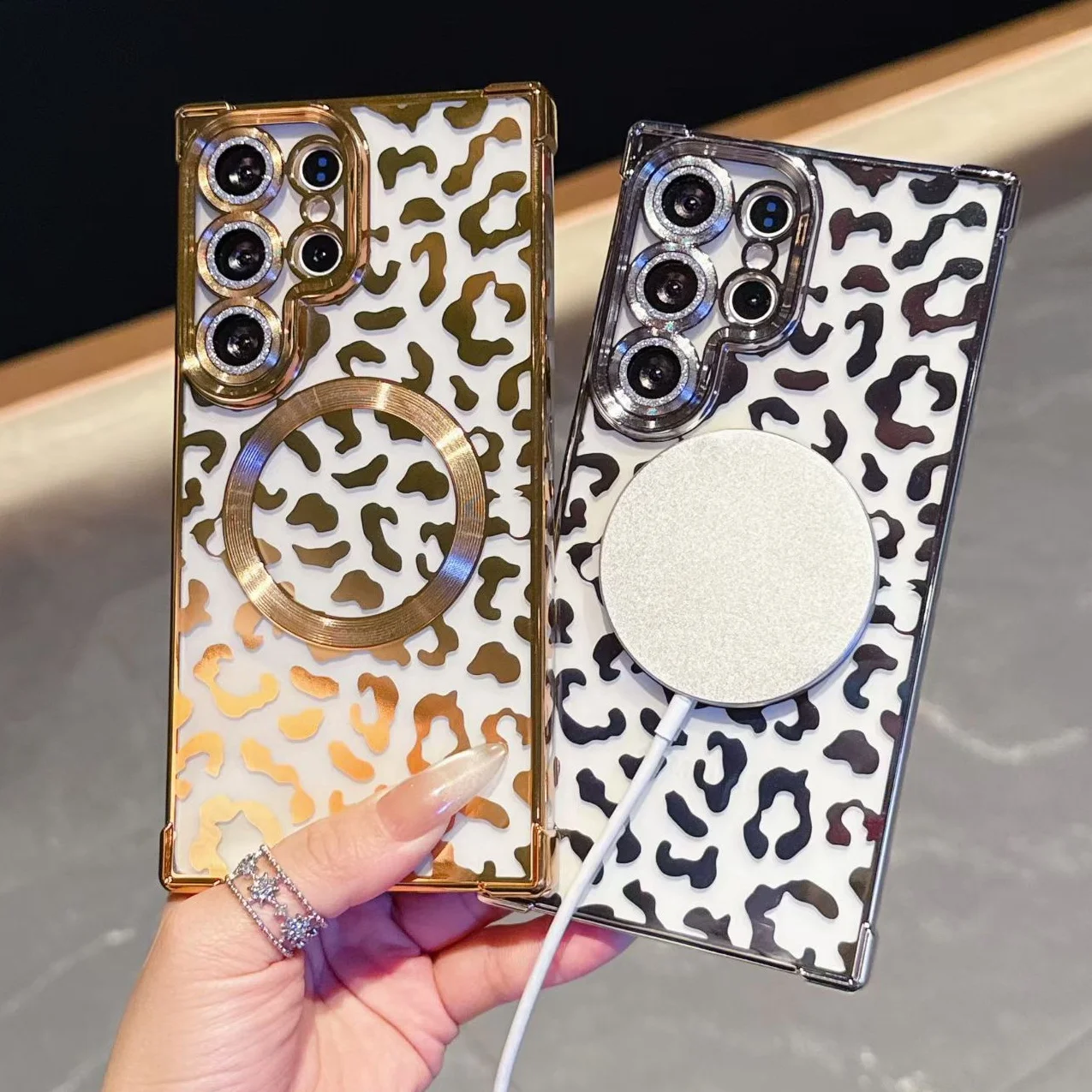 Luxury Leopard Pattern Gradient Glitter Plating Case with Magnetic Closure