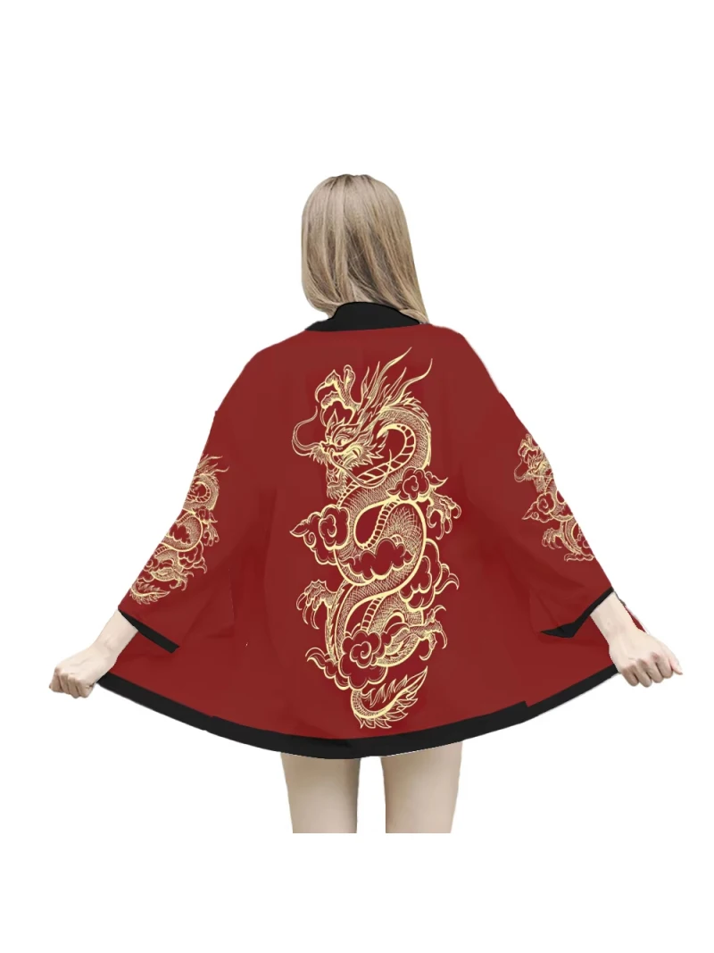 Japanese Kimono Clothes Chinese Dragon Design Fashion Japanese Cardigan Haori Unisex Traditional Costume Cosplay Red Shirt Yukata Beach Kimono