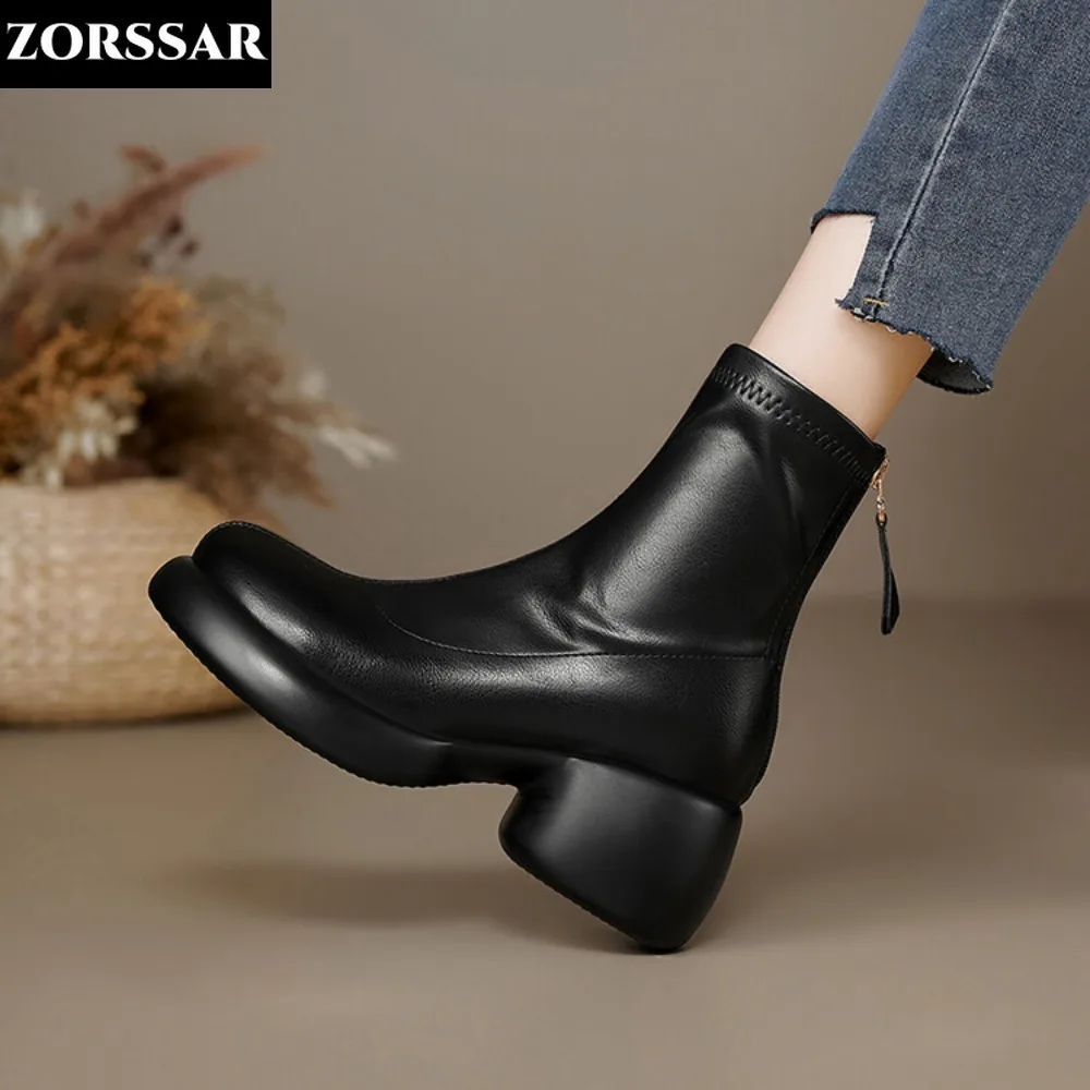 

INS British Style Cow Leather Boots Women Chunky Heels Ankle Boots Round Toe Zip Casual Classic Retro Short Boot Women Warm Shoe