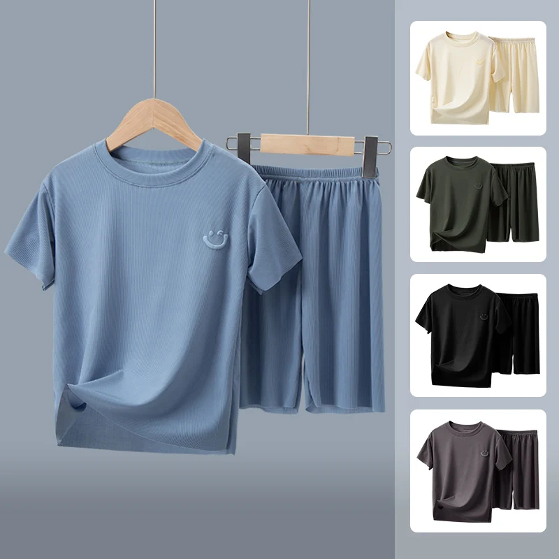 2-piece Summer Children's Solid Color Ice Silk Suit Boys Casual Fashion Cool Short-sleeved Girl Han Fan Joker Shorts Home Clothe