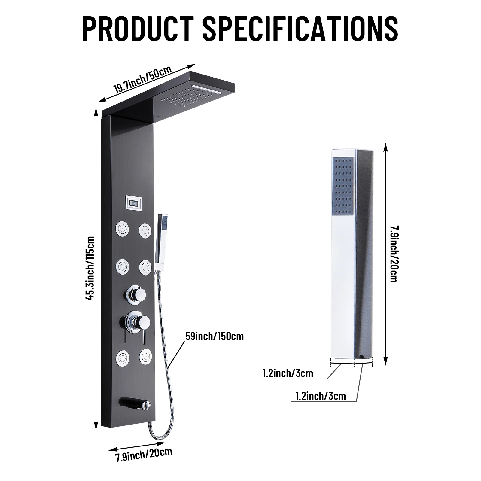 LED Shower Panel Tower System 5-Function Shower Panel Waterfall Tub Spout Horizontal Massage 304 Stainless Steel Panel 5