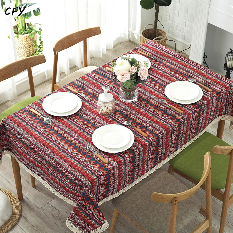 Cotton Linen Bohemian Ethnic Style Rectangular Table Cloth Kitchen Table Map Towel Tablecloth Decoration